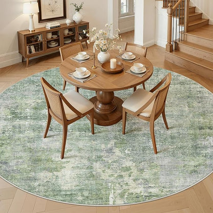 Soalmost Round Rugs 9ft Living Room Circle Area Rug 9x9 Green/Ivory Vintage | - Image 4