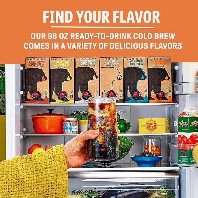 Wandering Bear Organic Hazelnut Cold Brew Coffee On Tap, 96 fl oz - Extra Strong, Bold, Smooth, Unsweetened, Shelf-Stable, Ready to Drink, Gluten Free, & Vegan, Iced Cold Brewed Coffee Drinks
