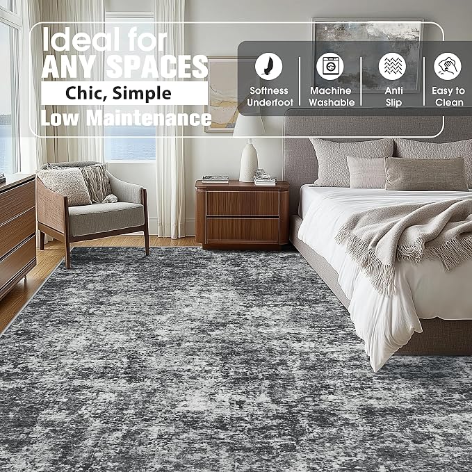 9x12 Area Rugs for Living Room Washable Bedroom Dining Room Black Grey | Modern - Image 8