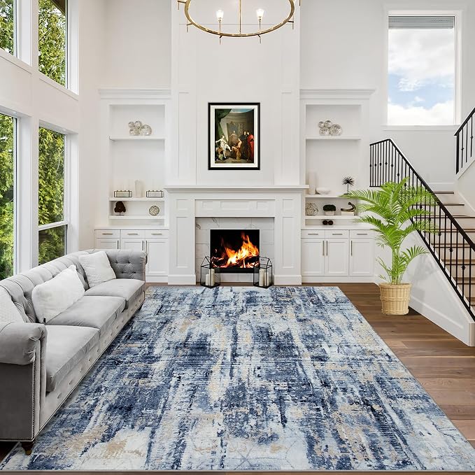 5x7 Area Rugs for Living Room: Washable Abstract Blue Gold Badroom Carpet | by GENTDRIZZ