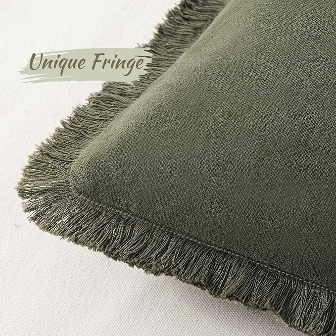 MIULEE Linen Fringe Decorative Euro Throw Pillow Covers Olive Green 22x22 | Set - Image 2