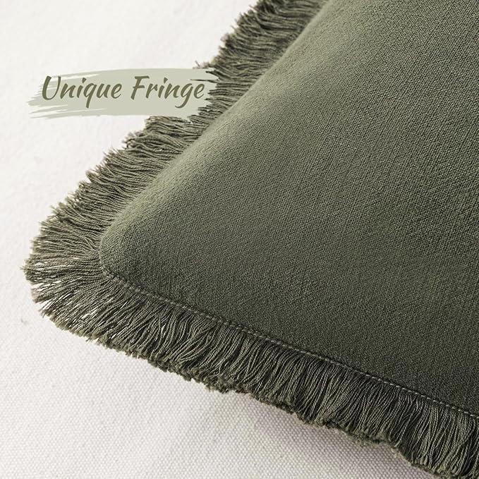 MIULEE Linen Fringe Decorative Euro Throw Pillow Covers Olive Green 28x28 | Set - Image 2