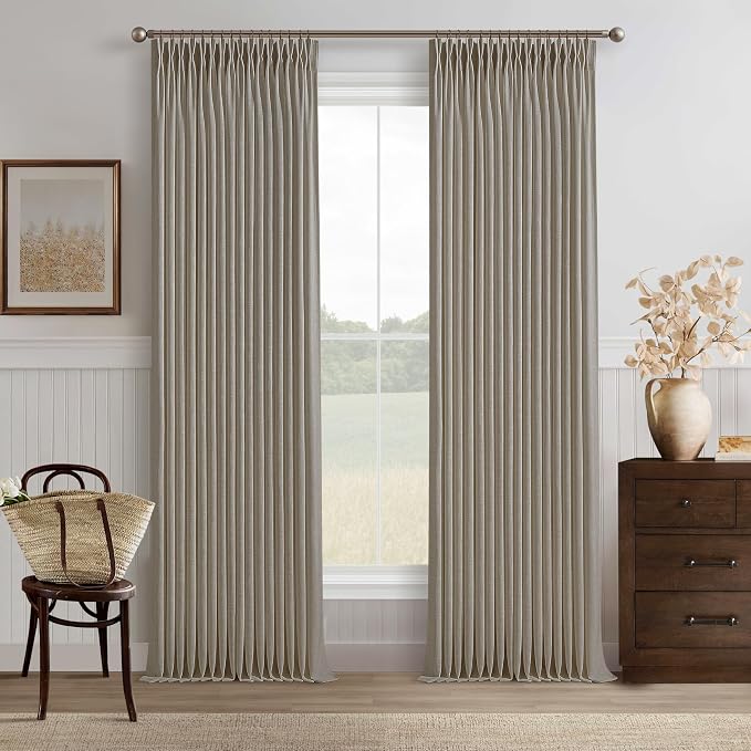 Taupe Pinch Pleated Thick Linen Memory Shaped Semi Sheer Curtains W50xL98 | 98 by Twodrapes