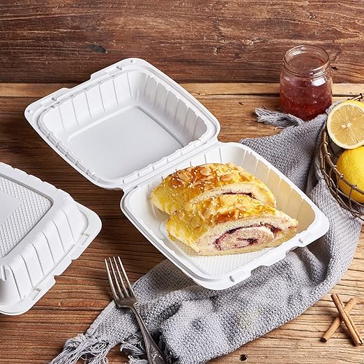 8X8" 1-Compartment 50Pack Plastic Clamshell Take Out Food Containers Heavy-Duty Togo Disposable Lunch Box With Secure Snap Hinged Lid Meal Prep for Parties Restaurants and Food Trucks Microwave Safe