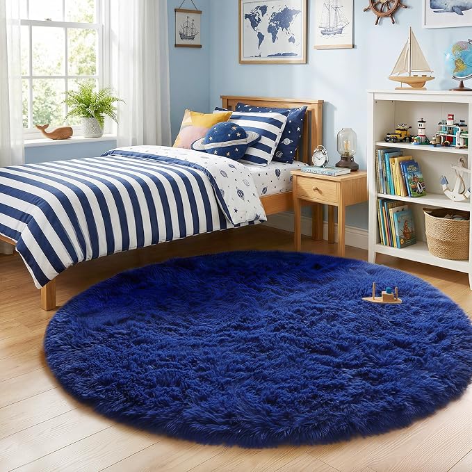 Amdrebio Navy Blue Large Fluffy Round Rug 7Ft - Image 3