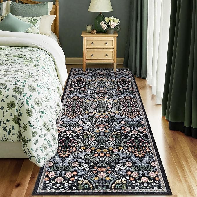 PLHXFR 2.6x8 Washable Runner Rug：Floral Indoor Kitchen Carpet Dark Black | - Image 2