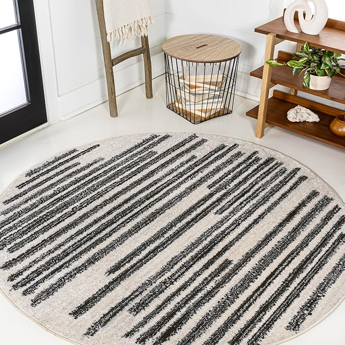 JONATHAN Y Khalil Modern Berber Stripe Cream/Black 4' Round Indoor Area Rug by JONATHANY
