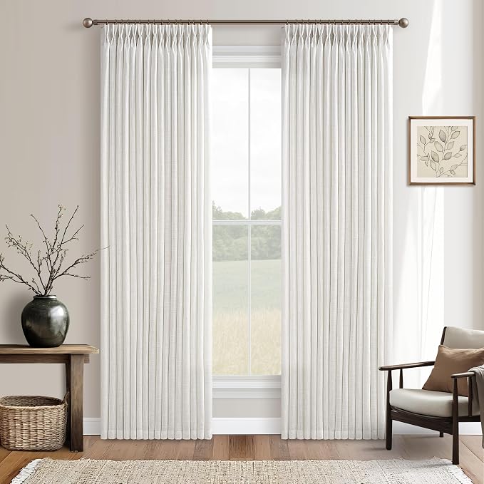 Beige White 94 Inch Pinch Pleated Linen Light Filtering Curtains 50Wx94L | Off by Twodrapes