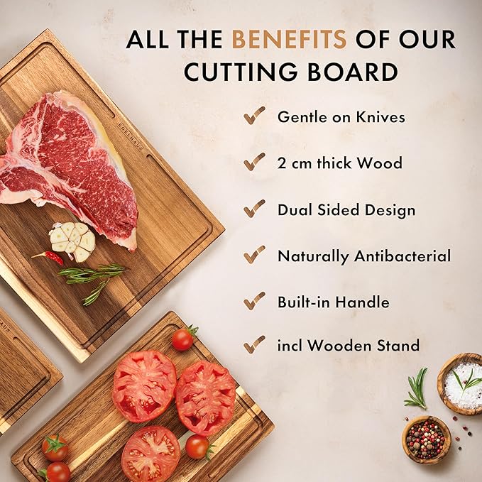 Acacia Wood Cutting Board for Kitchen, Non-Toxic Cutting Board Set of 3, Chopping Boards with Deep Juice Groove for Meat, Cheese & Vegetables - Durable & Double sided with serving Compartments