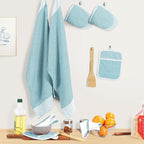 Casa Platino Oven Mitts and Pot Holders Sets, 8-Piece – 500°F Heat Resistant Mini Oven Mitts with Silicone Grip, Potholders for Kitchens, 2 Kitchen Towels & 2 Dish Cloths – Non-Slip & Durable – Aqua