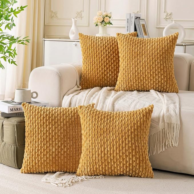 Set of 4 Mustard Yellow Decorative Throw Pillow Covers 22x22 Inch Corduroy by Cozoomy