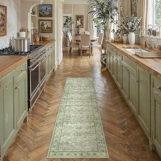 2x6 Light Green Vintage Floral Washable Runner Rug by HUGEAR