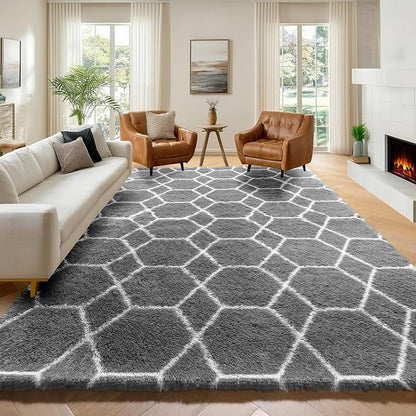 6x9 Area Rugs for Living Room Bedroom, Fluffy Grey and White Geometric Rug | by ONASAR