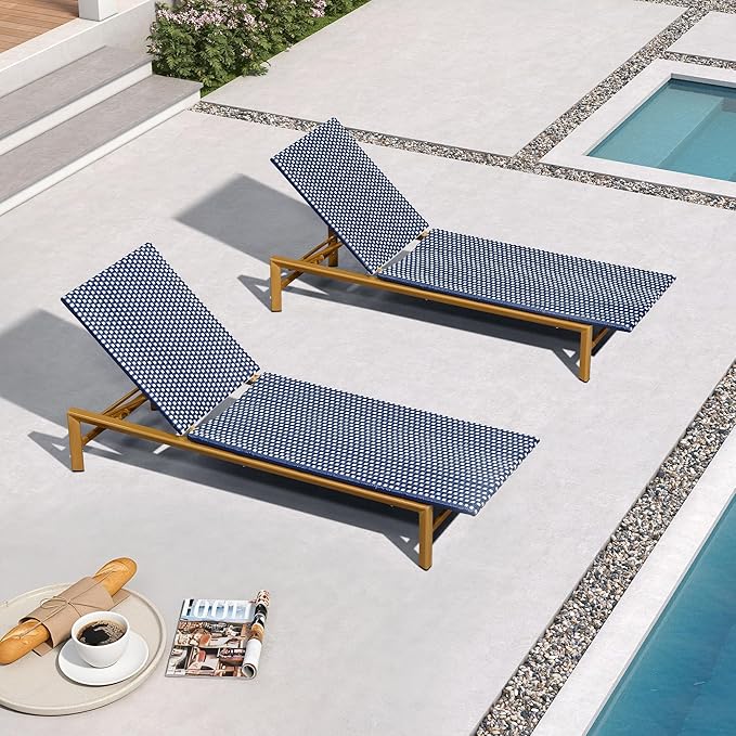 PURPLE LEAF Patio Chaise Lounge French Outdoor Lounger 2 Pieces Wood-Grain by PURPLELEAF
