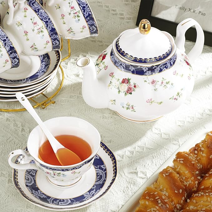 fanquare Bone China Tea Sets for Adults, 21-Piece Blue Lace and Roses Porcelain Tea Service with Sugar Bowl & Creamer, English Cremic Floral Teacups Set of 6 for Women Tea Party