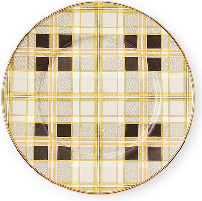 MACKENZIE-CHILDS Enamel Salad and Dessert Plate, Small Plate for a Dessert or Appetizer Dish, 8 Inches, Brown-and-White Tartan Mocha