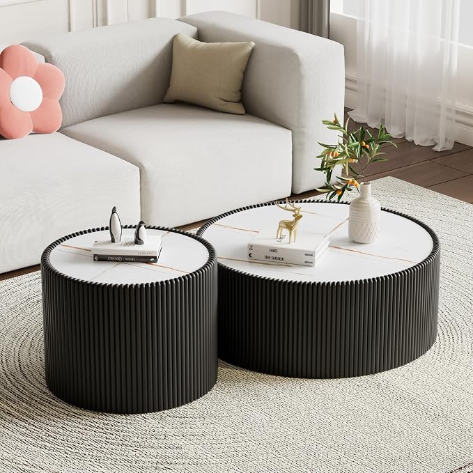 SSLine Round Drum Coffee Table Modern Sintered Stone Top Coffee Table in Black - Image 7