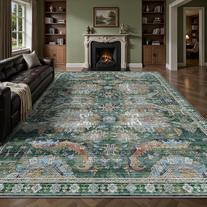 8x10 Area Rugs, Vintage Retro Soft Washable Rug, Non-Slip Low Pile Rugs by Yarooge