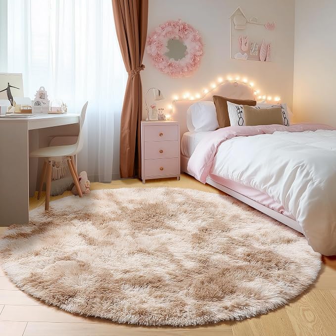 Tie-Dye Beige Round Area Rug 4ft, Soft Bedroom Circle Rugs Floor Mats - Image 5