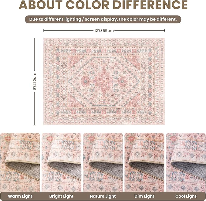 Pink Rugs for Bedroom-9x12 Area Rugs for Living Room, Girls Room | Washable - Image 2