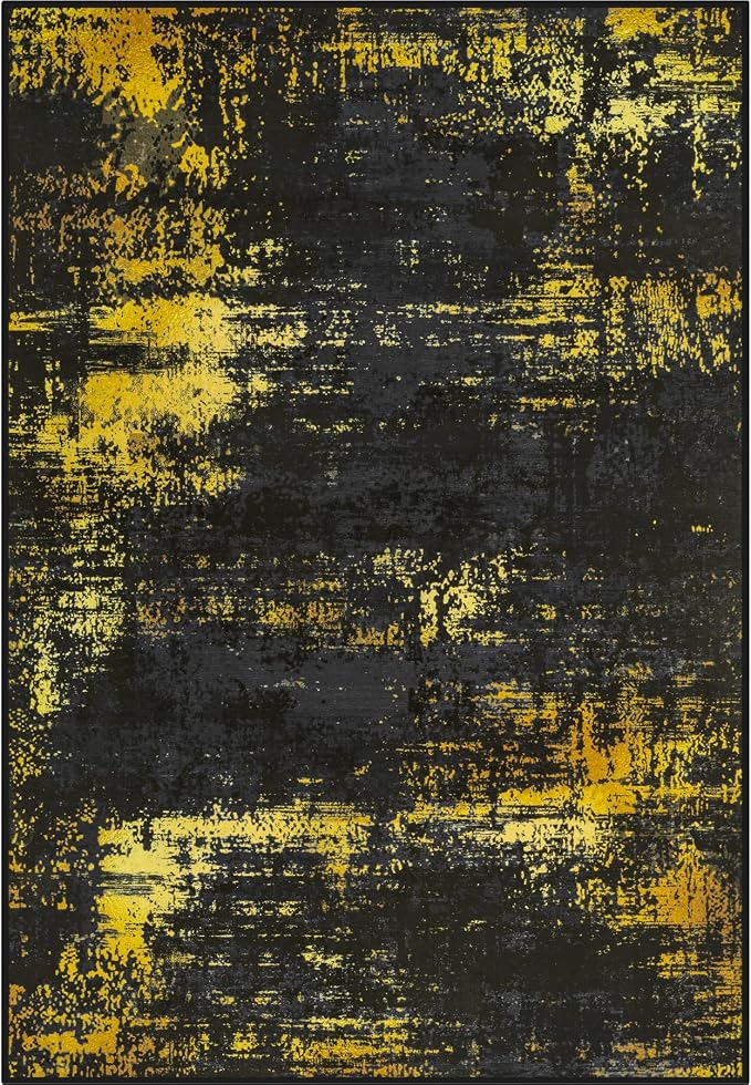 Area Rug Living Room: 5x5 Modern Washable Soft Carpet Black Gold | by FXRHLP