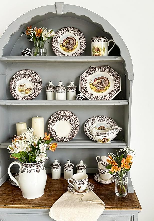 Spode Woodland Turkey Dinner Plate - 10.5" Traditional Thanksgiving Design with Historic British Floral Border, Fine Earthenware - Dishwasher, Microwave & Warm Oven Safe - Made in England