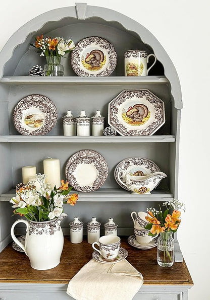 Spode Woodland Turkey Dinner Plate - 10.5" Traditional Thanksgiving Design with Historic British Floral Border, Fine Earthenware - Dishwasher, Microwave & Warm Oven Safe - Made in England