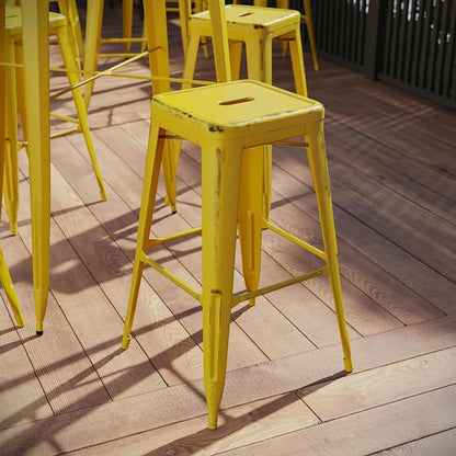 Flash Furniture Kai Commercial Grade 30" High Backless Distressed Yellow Metal - Image 2