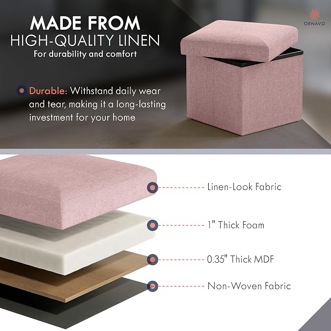 Ornavo Home Small Storage Ottoman Foldable Collapsible Cube Square Linen - Image 6