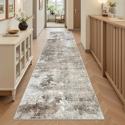 Soalmost Abstract Runner Rug 2x8 Hallway Kitchen Runners Pink/Grey | Vintage - Image 2