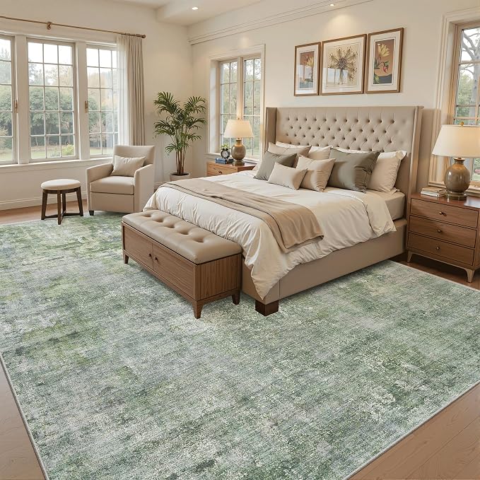 Soalmost Abstract Rug 8x12 Large Living Room Area Rugs Washable Green/Ivory | - Image 3