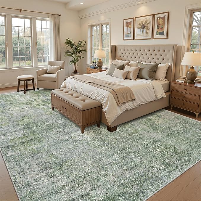 Soalmost 10x12 Area Rugs for Living Room Washable Rug Abstract Green/Ivory | - Image 3