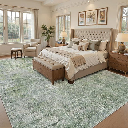 Soalmost 10x12 Area Rugs for Living Room Washable Rug Abstract Green/Ivory | - Image 3