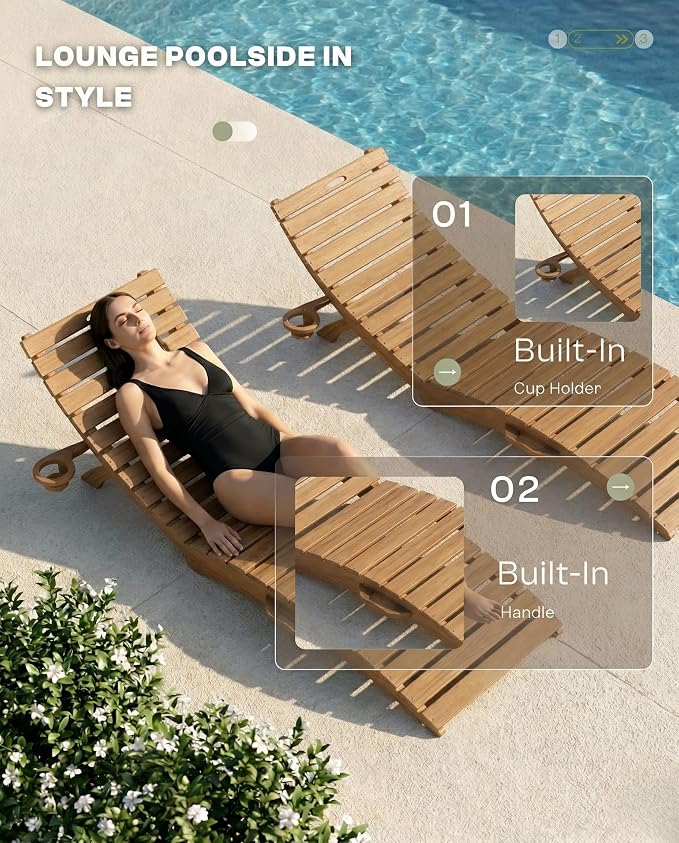 Folding HDPE Pool Lounge Chairs Set of 2, Pre-Assembled Outdoor Chaise Lounge - Image 5