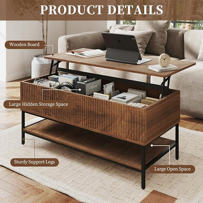 Walnut Coffee Table with Storage, Rectangle Lift Top Coffee Table, Modern Wood - Image 3