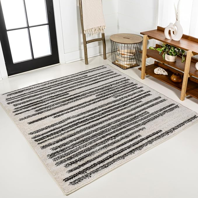 JONATHAN Y Khalil Modern Berber Stripe Cream/Black 3x3 Square Indoor Area Rug by JONATHANY