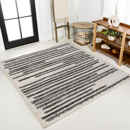 JONATHAN Y Khalil Modern Berber Stripe Cream/Black 3x3 Square Indoor Area Rug by JONATHANY