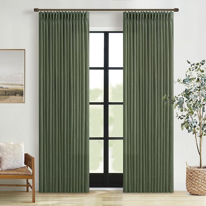 84 Inch Linen Pleated Dark Olive Green Light Filtering Country Curtains 50W | by Twodrapes