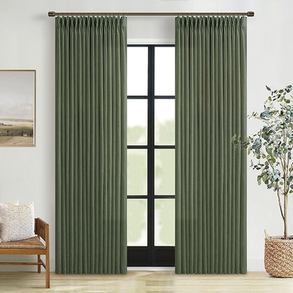 84 Inch Linen Pleated Dark Olive Green Light Filtering Country Curtains 50W | by Twodrapes