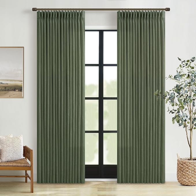 Pinch Pleat Linen Olive Green Semi Sheer Curtains 105 Inch Long | Pleated Thick by Twodrapes