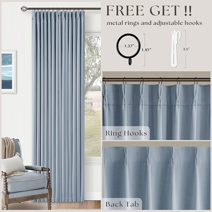120 Inch 100% Blackout Pinch Pleated Linen Curtains Light Blue - Image 3
