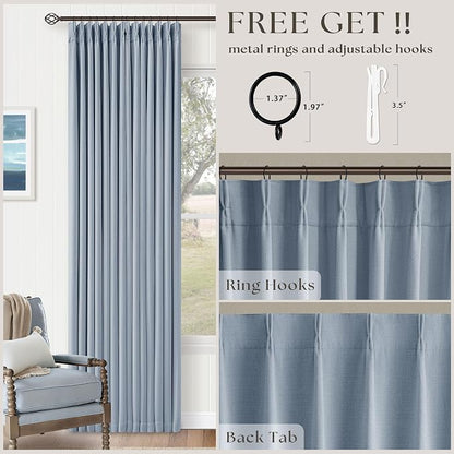 120 Inch 100% Blackout Pinch Pleated Linen Curtains Light Blue - Image 3
