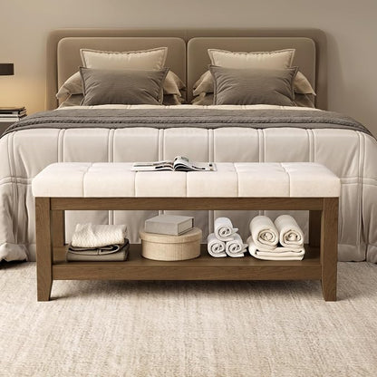 ABHENG Solid Rubber Wood Shoe Bench, Soft Chenille Material Upholstered Seat by Liveinacomfortablehome