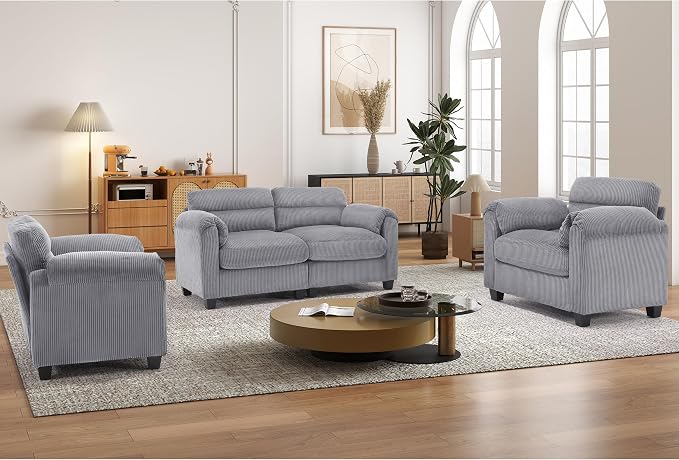 HAOMARKETS Corduroy Sofa Set, Upholstered Armchair Set of 2 and Loveseat by HAOMARKETS