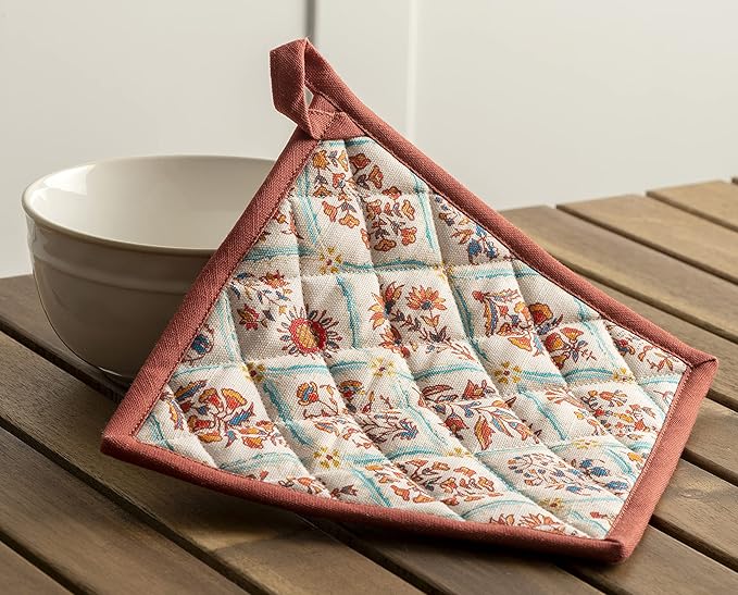 Maison d' Hermine 100% Cotton Oven Mitt & Pot Holder Set (7.5"x13" & 8"x8") Heat Resistant BBQ Cooking Gloves with Loop, Baking, Grilling, Kitchen, Handling Hot Pans (Romane)