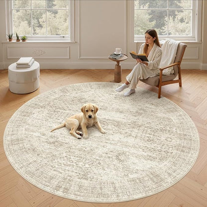 Soalmost Round Rugs 8ft Living Room Circle Area Rug 8x8 Beige Vintage | - Image 9