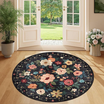 DUKINO 4ft Round Rug, Floral Washable Small Round Area Rug Non Slip, Low Pile - Image 3