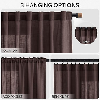 Linen Curtains Semi Sheer Coffee Brown 96 Inches Long 2 Panels Set - Image 2