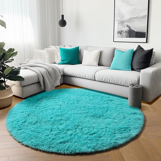 Teal Blue Round Rugs 5ft for Bedroom Living Room, Fluffy Circle Area Rug for by ONASAR