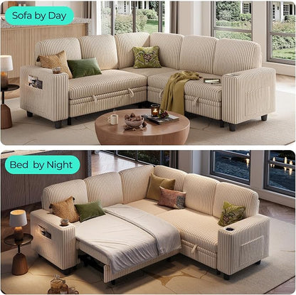 LINSY HOME Sectional Sofa with Pull Out Bed, 5 Seats Corduroy Reversible - Image 4